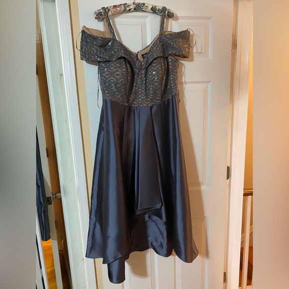 High/low-off the shoulder-lace top/satin bottom Dress - Picture 1 of 7